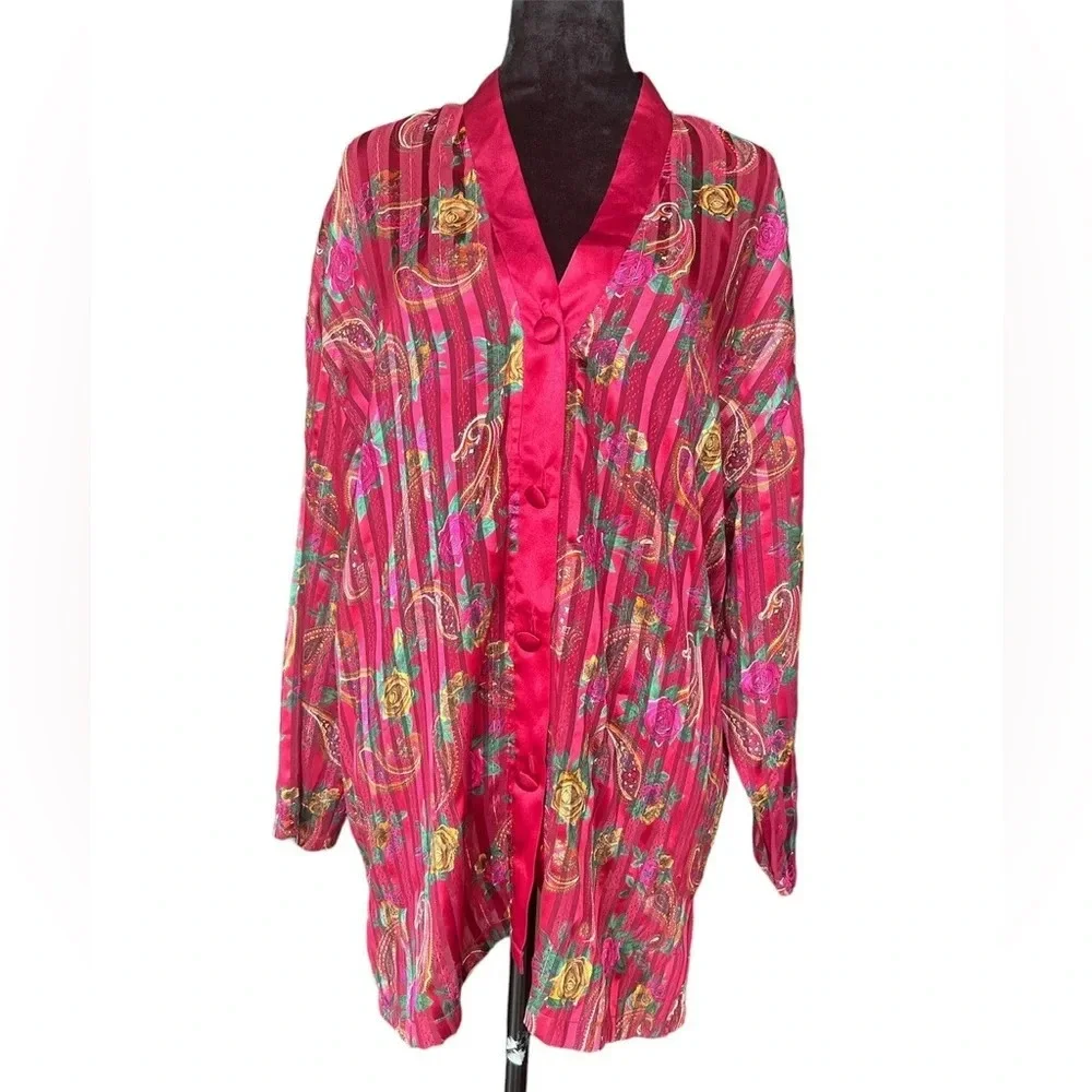 Victoria’s Secret Red Satin Floral & Paisley Vintage Nightgown Sleep Shirt Sz L